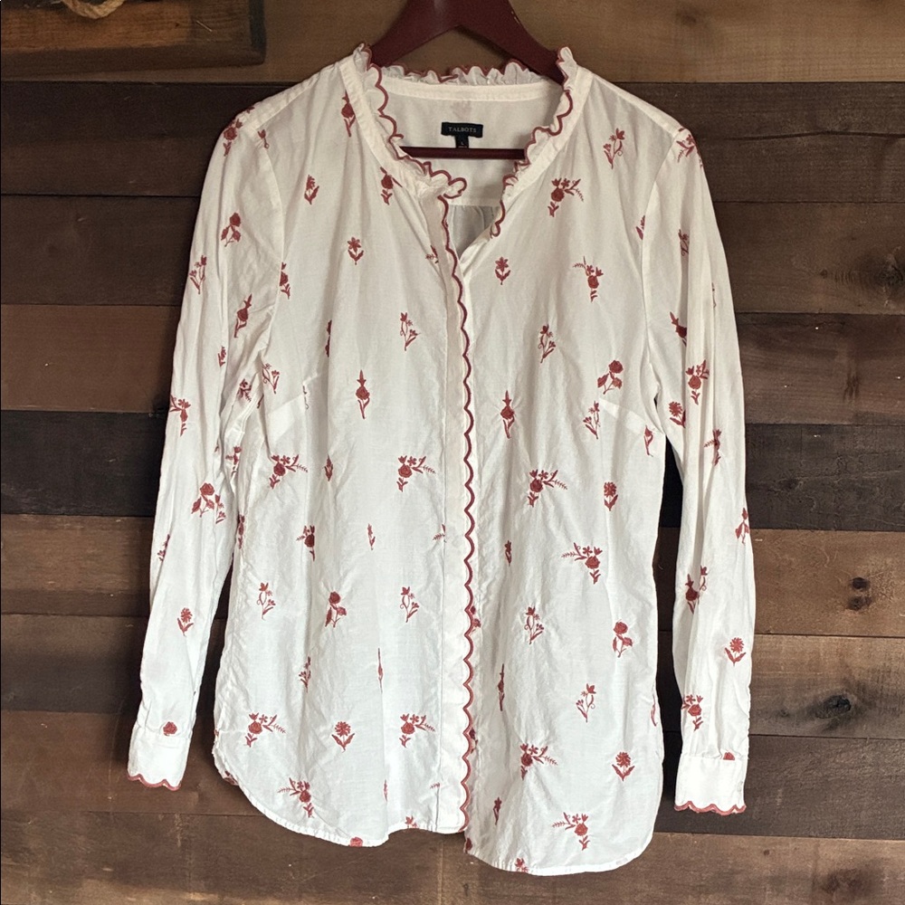Talbots White Blouse with Rust Floral Embroidery and Scalloped Trim - Picture 2 of 6